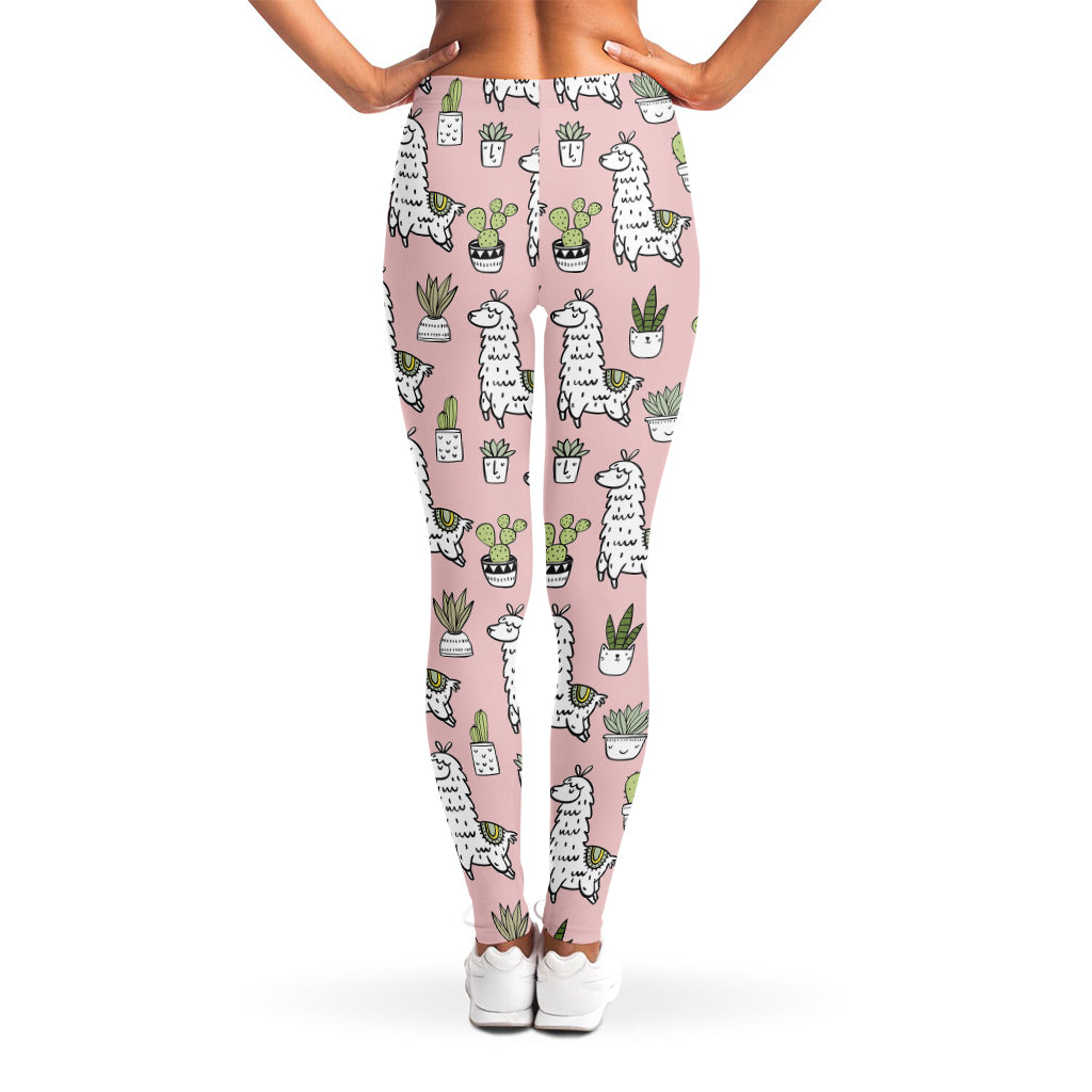 Cartoon Cactus And Llama Pattern Print Women's Leggings