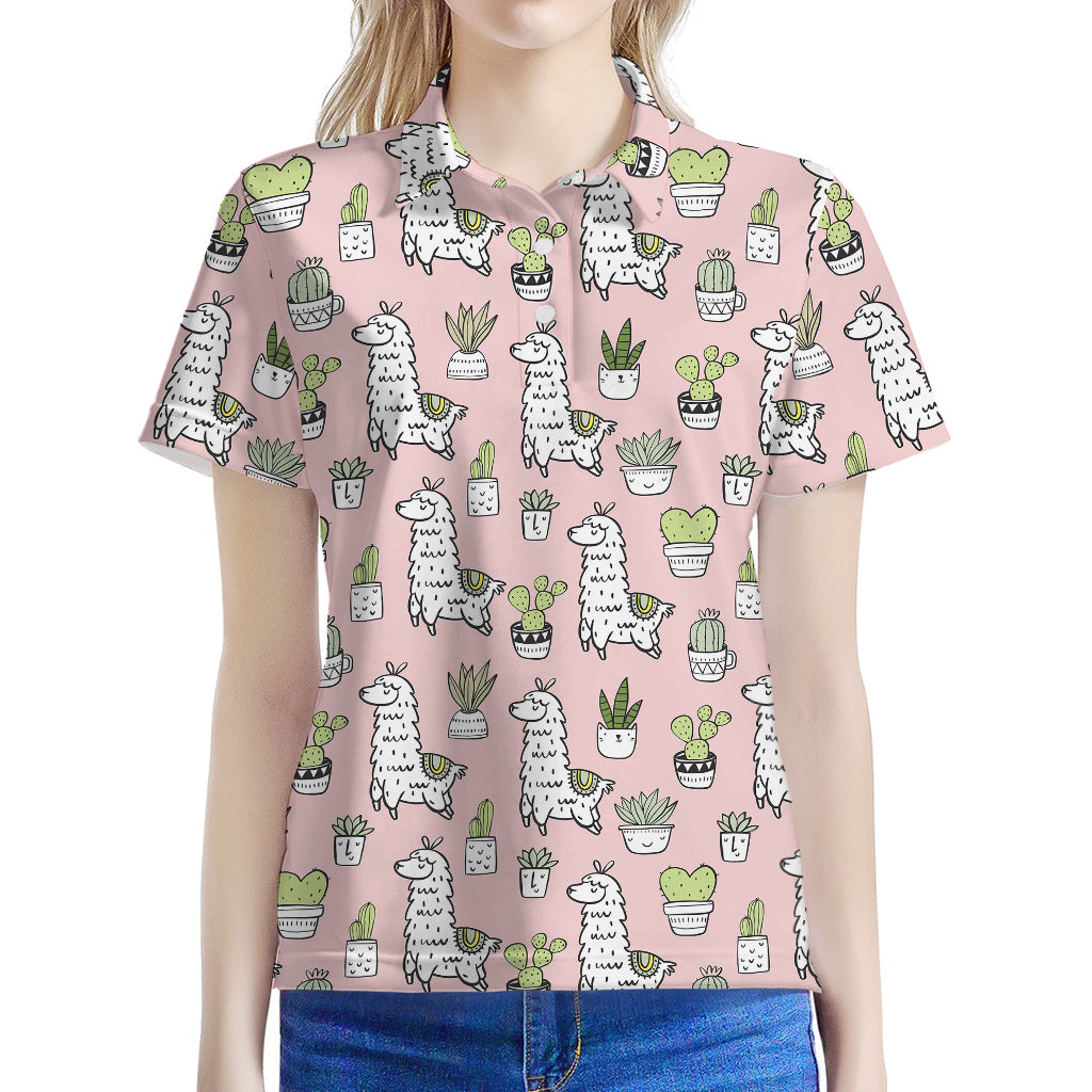 Cartoon Cactus And Llama Pattern Print Women's Polo Shirt
