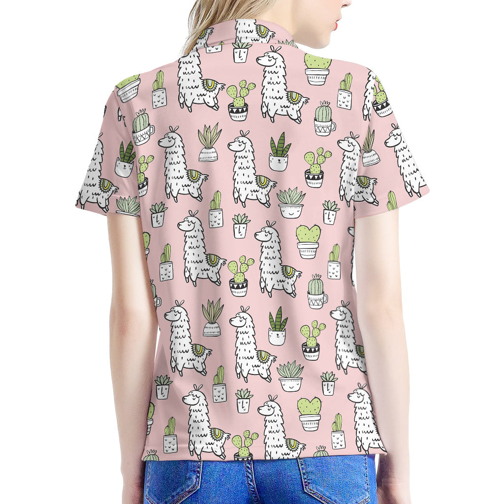 Cartoon Cactus And Llama Pattern Print Women's Polo Shirt