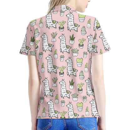 Cartoon Cactus And Llama Pattern Print Women's Polo Shirt