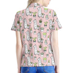 Cartoon Cactus And Llama Pattern Print Women's Polo Shirt