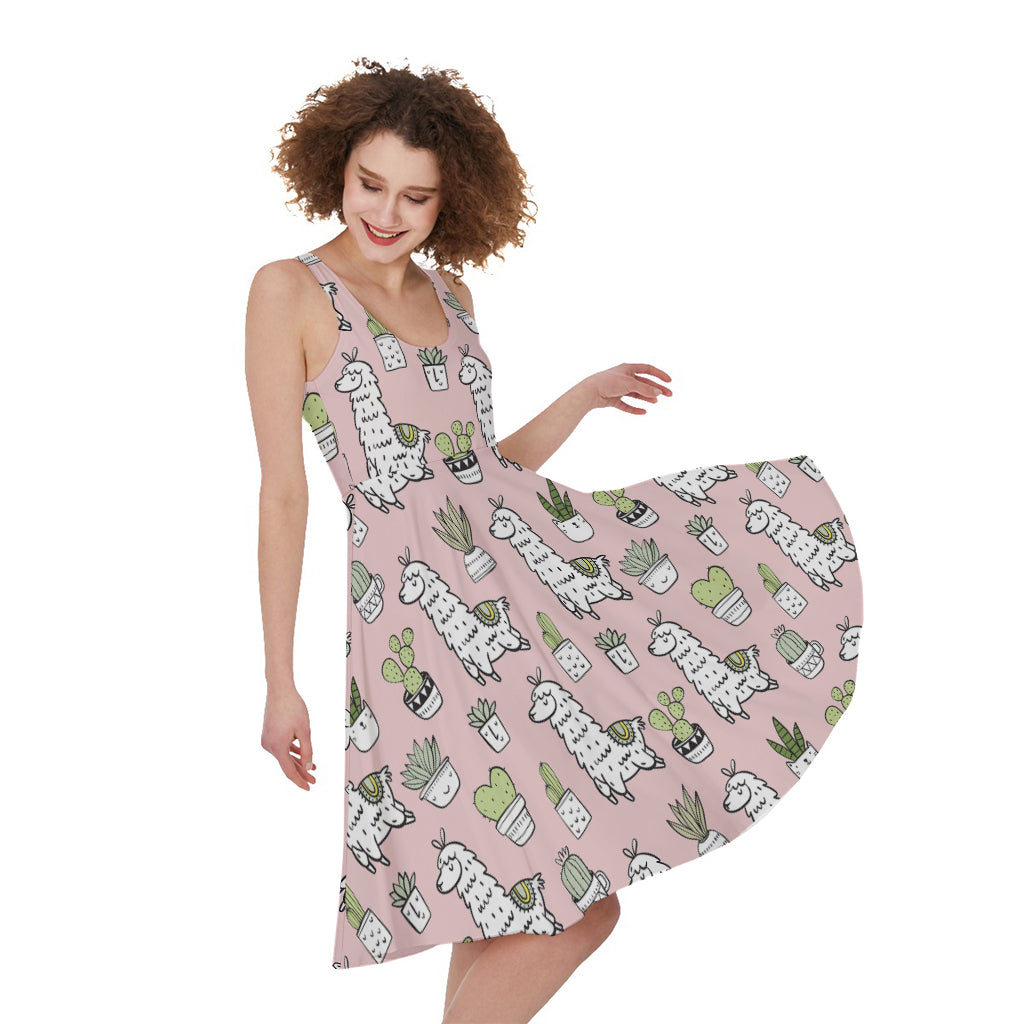 Cartoon Cactus And Llama Pattern Print Women's Sleeveless Dress