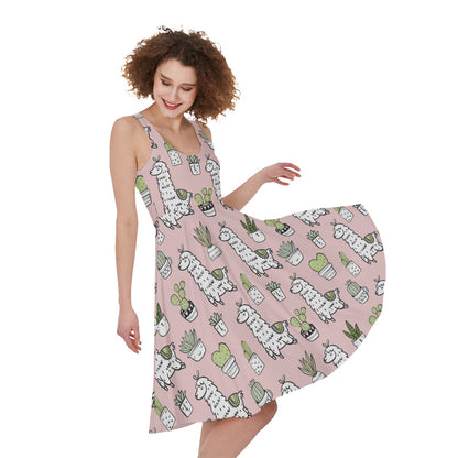 Cartoon Cactus And Llama Pattern Print Women's Sleeveless Dress
