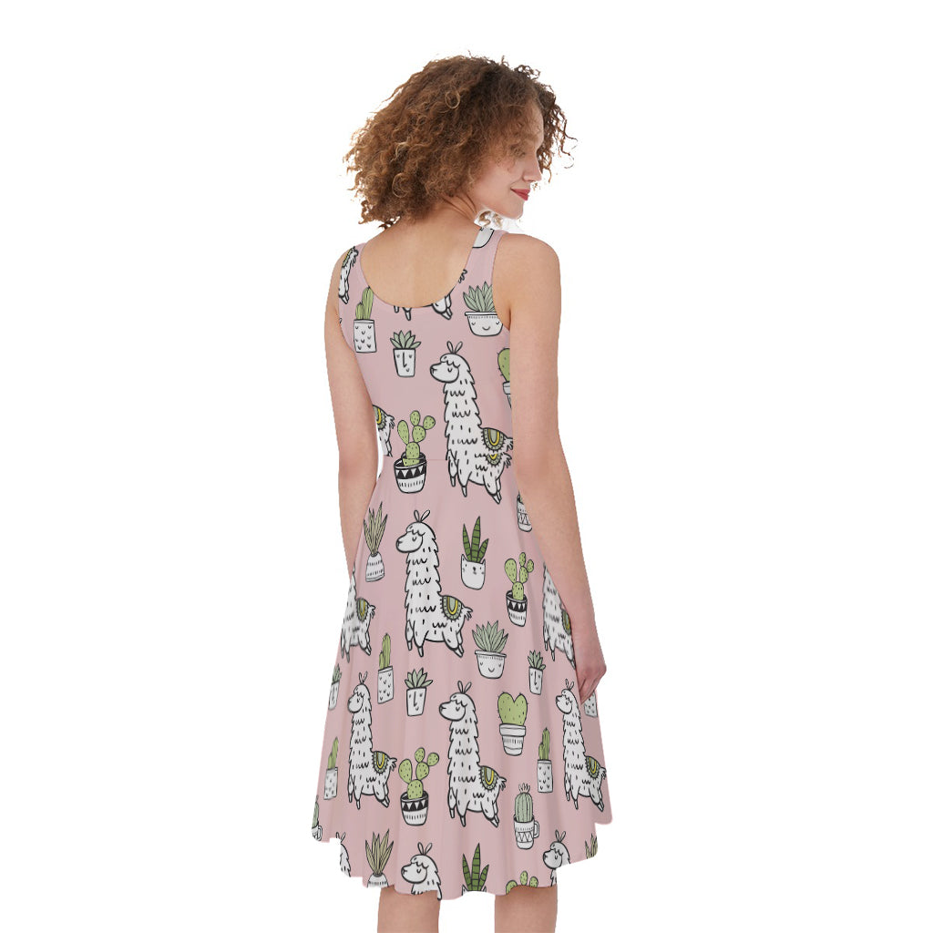 Cartoon Cactus And Llama Pattern Print Women's Sleeveless Dress