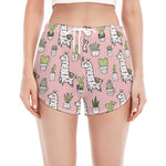 Cartoon Cactus And Llama Pattern Print Women's Split Running Shorts