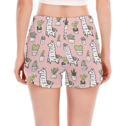 Cartoon Cactus And Llama Pattern Print Women's Split Running Shorts