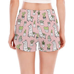 Cartoon Cactus And Llama Pattern Print Women's Split Running Shorts