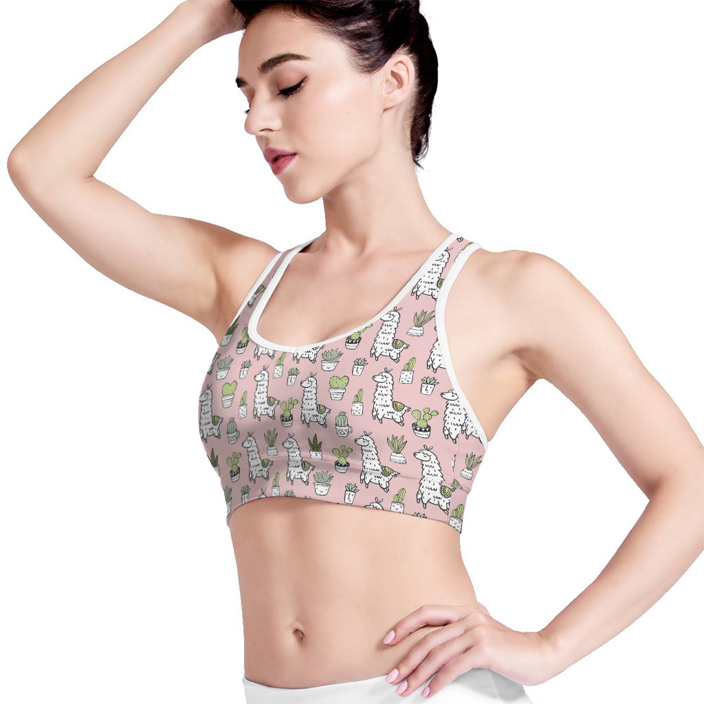 Cartoon Cactus And Llama Pattern Print Women's Sports Bra