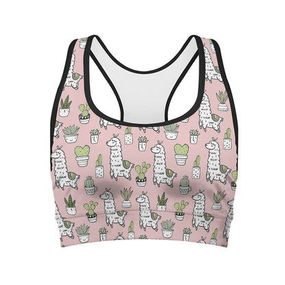 Cartoon Cactus And Llama Pattern Print Women's Sports Bra