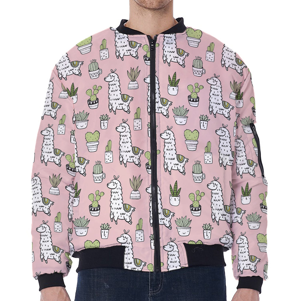 Cartoon Cactus And Llama Pattern Print Zip Sleeve Bomber Jacket