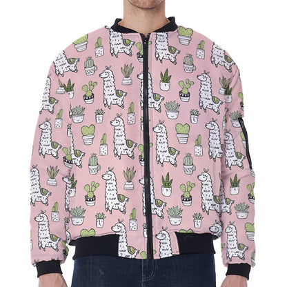 Cartoon Cactus And Llama Pattern Print Zip Sleeve Bomber Jacket