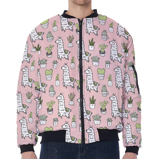 Cartoon Cactus And Llama Pattern Print Zip Sleeve Bomber Jacket