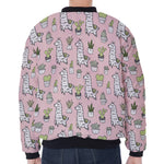 Cartoon Cactus And Llama Pattern Print Zip Sleeve Bomber Jacket