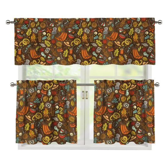 Cartoon Camping Pattern Print 3 Piece Kitchen Curtains
