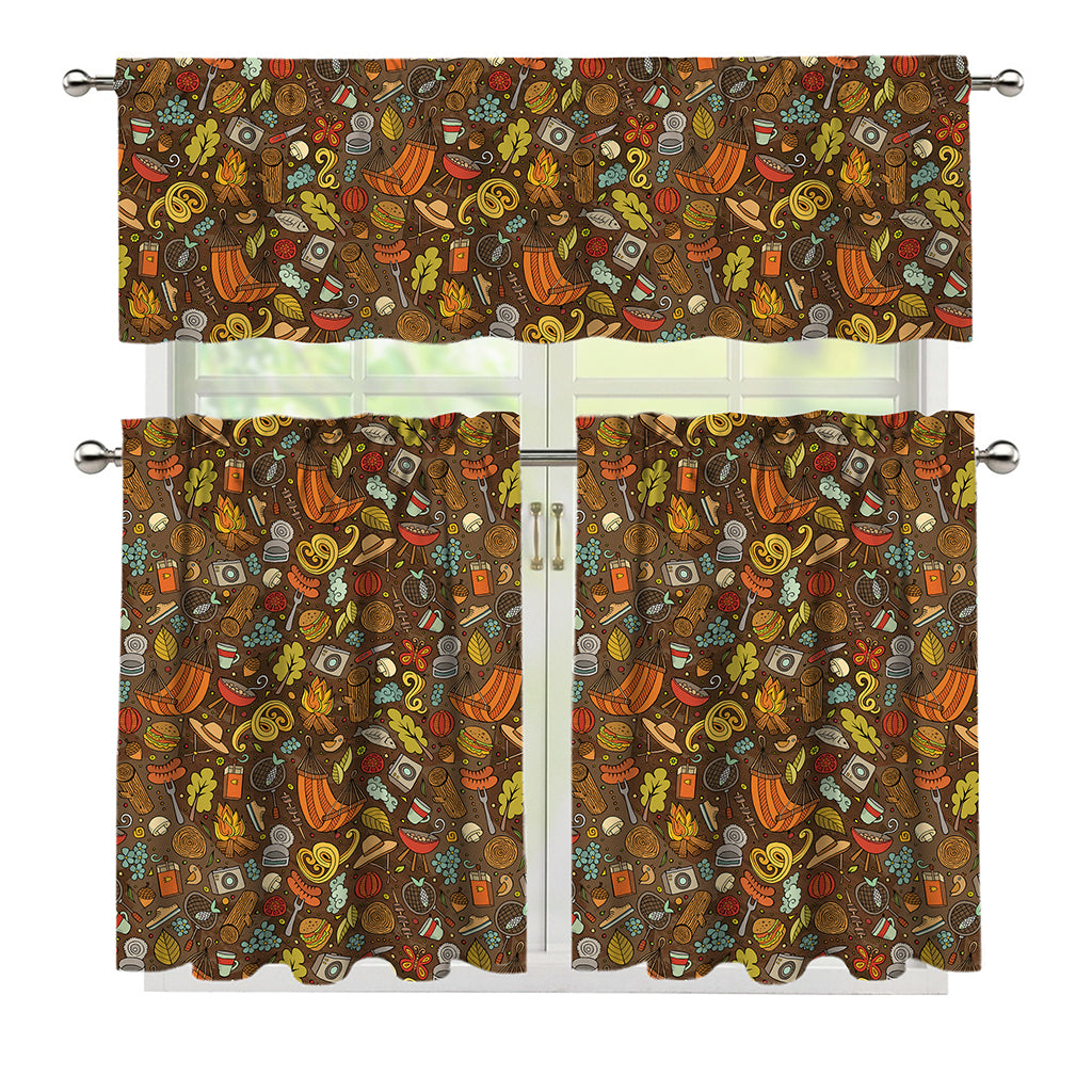 Cartoon Camping Pattern Print 3 Piece Kitchen Curtains
