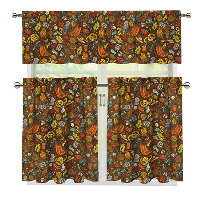 Cartoon Camping Pattern Print 3 Piece Kitchen Curtains