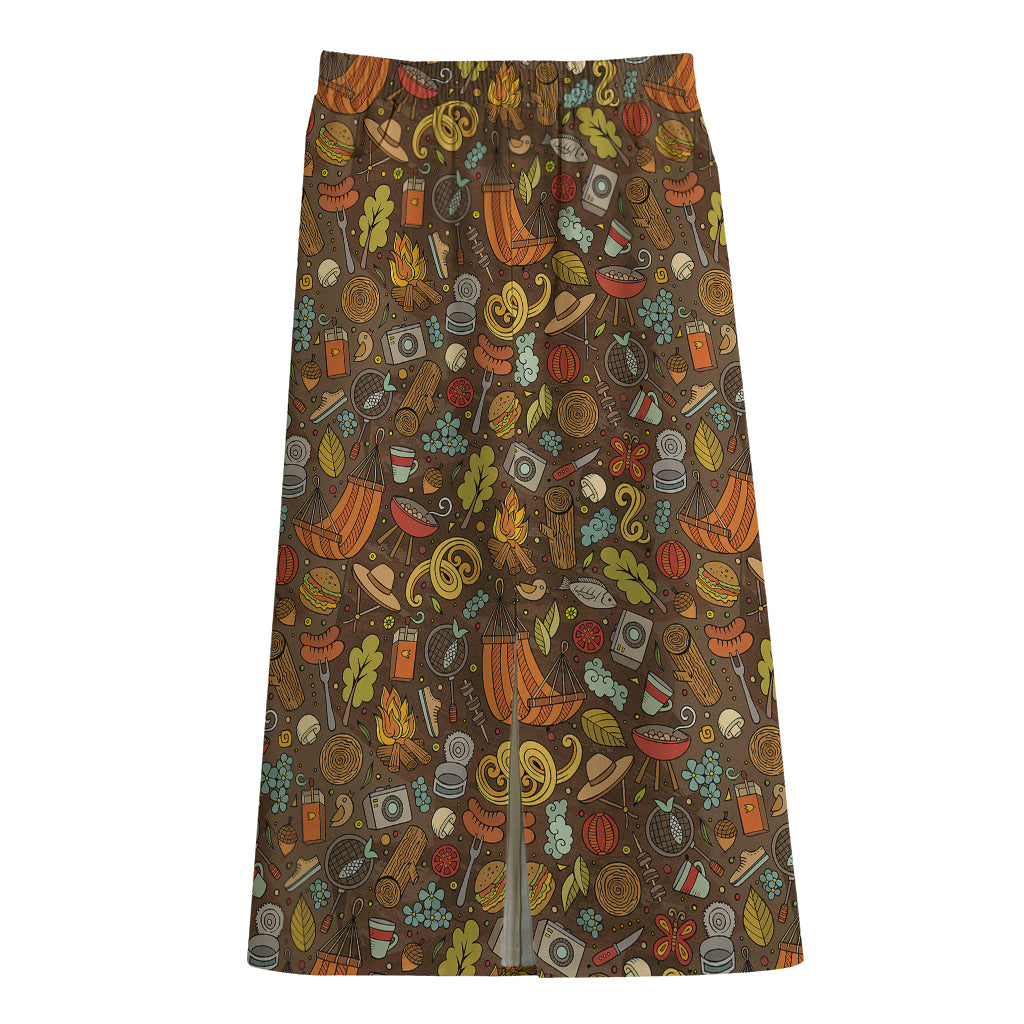 Cartoon Camping Pattern Print Cotton Front Slit Maxi Skirt