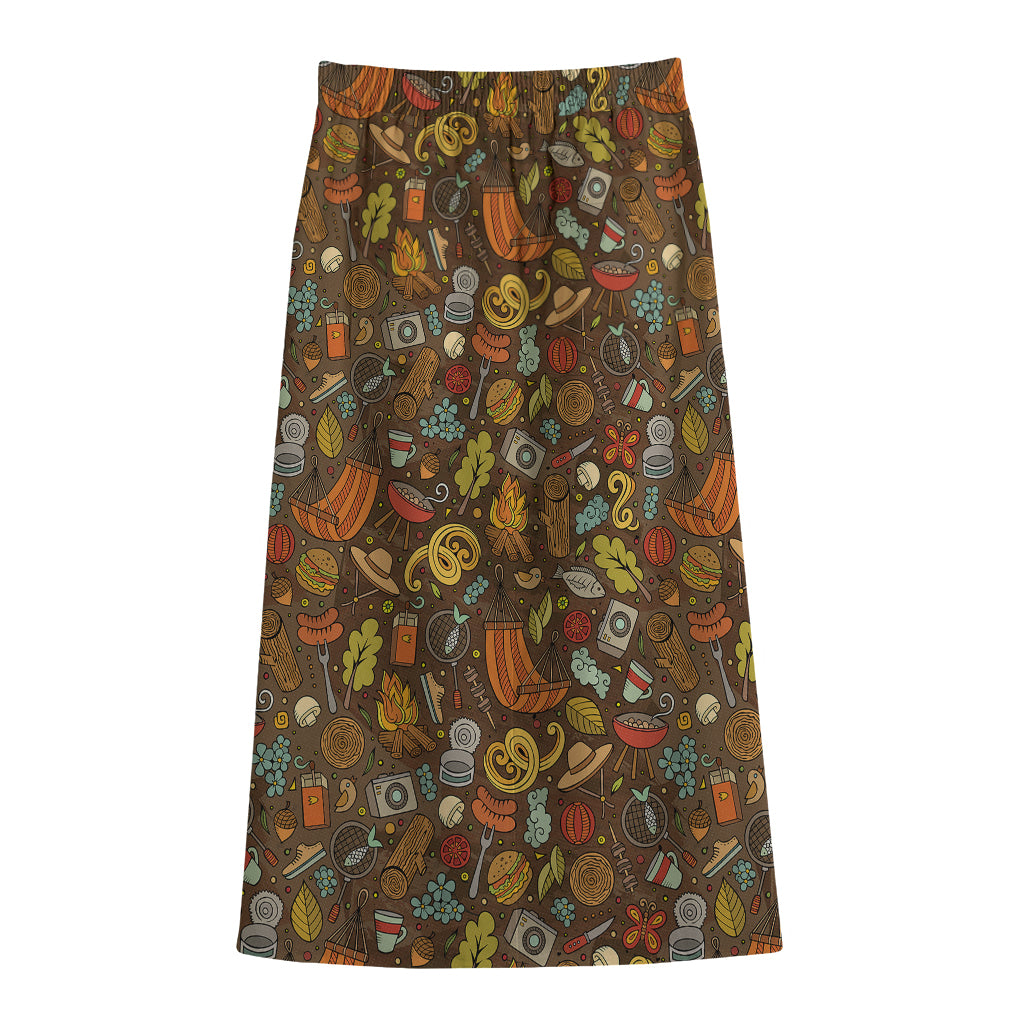 Cartoon Camping Pattern Print Cotton Front Slit Maxi Skirt