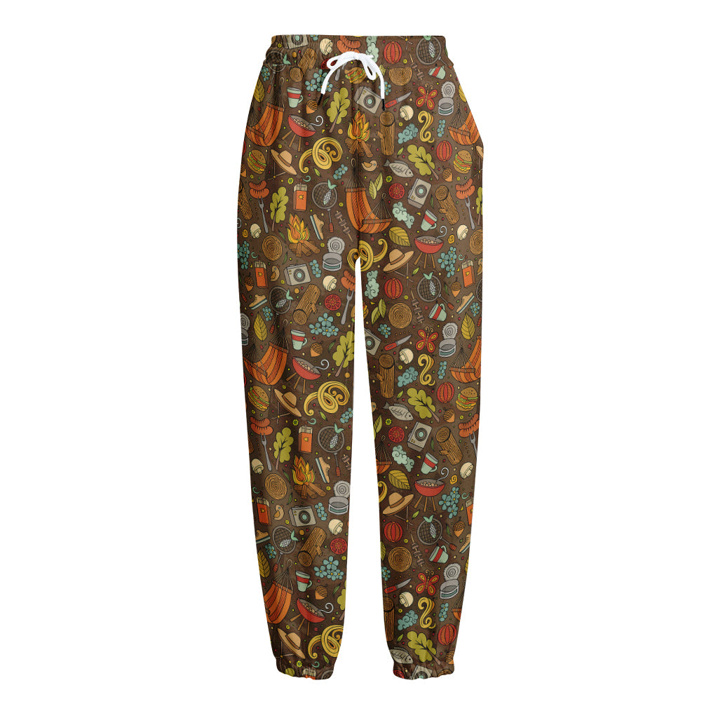 Cartoon Camping Pattern Print Fleece Lined Knit Pants