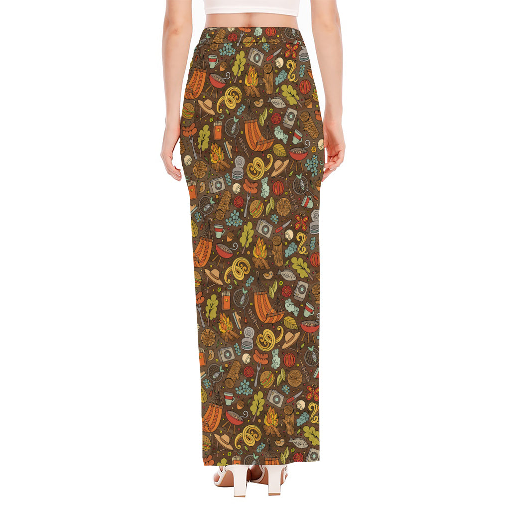 Cartoon Camping Pattern Print High Slit Maxi Skirt