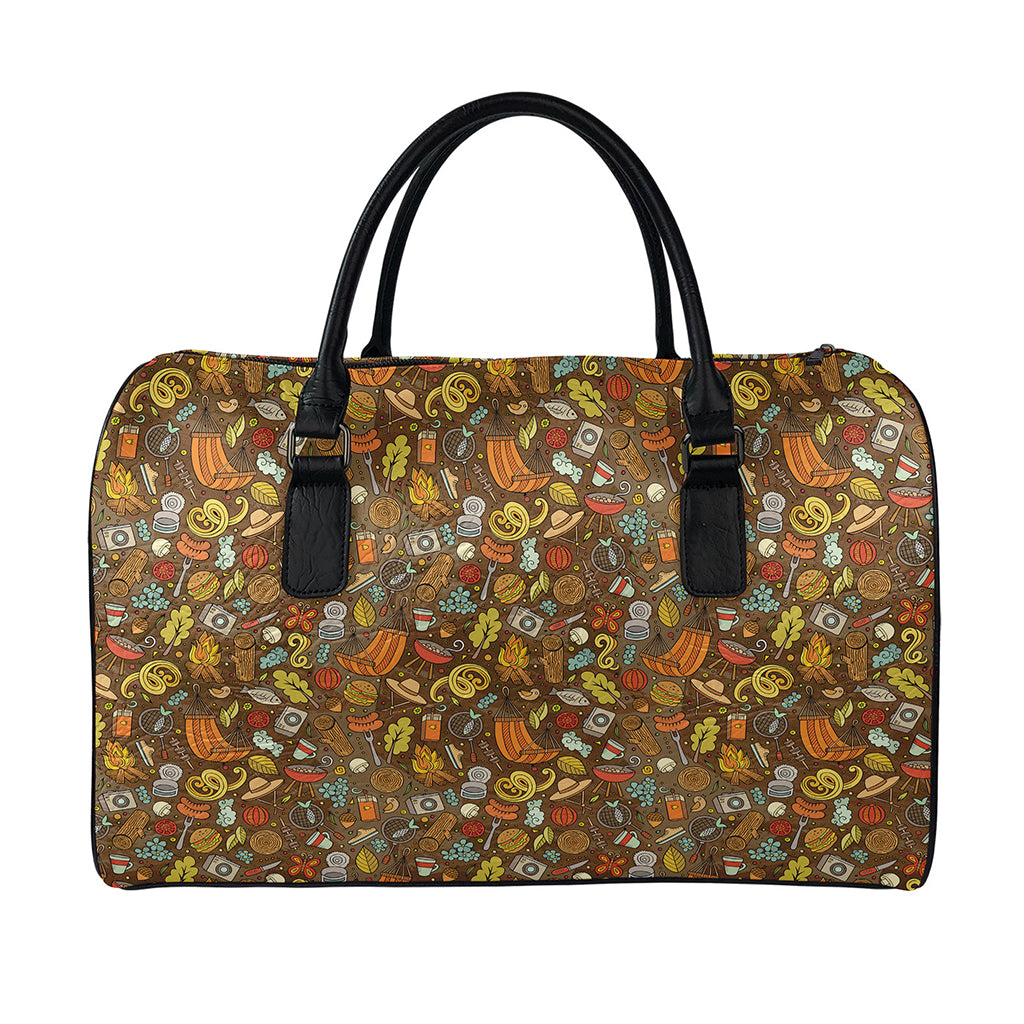 Cartoon Camping Pattern Print Leather Duffle Bag