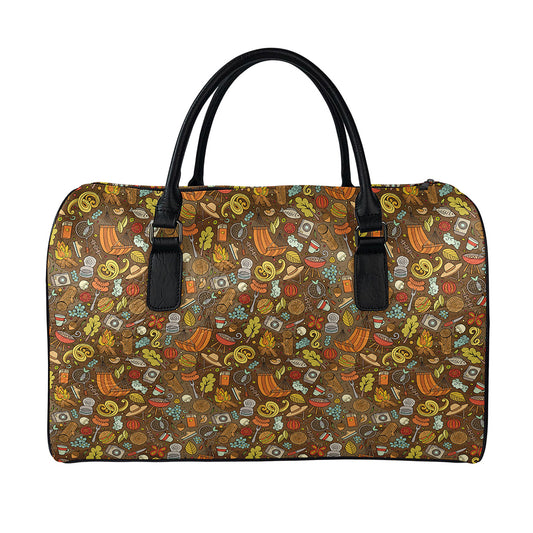 Cartoon Camping Pattern Print Leather Duffle Bag