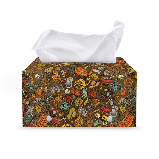 Cartoon Camping Pattern Print Leather Tissue Box Cover