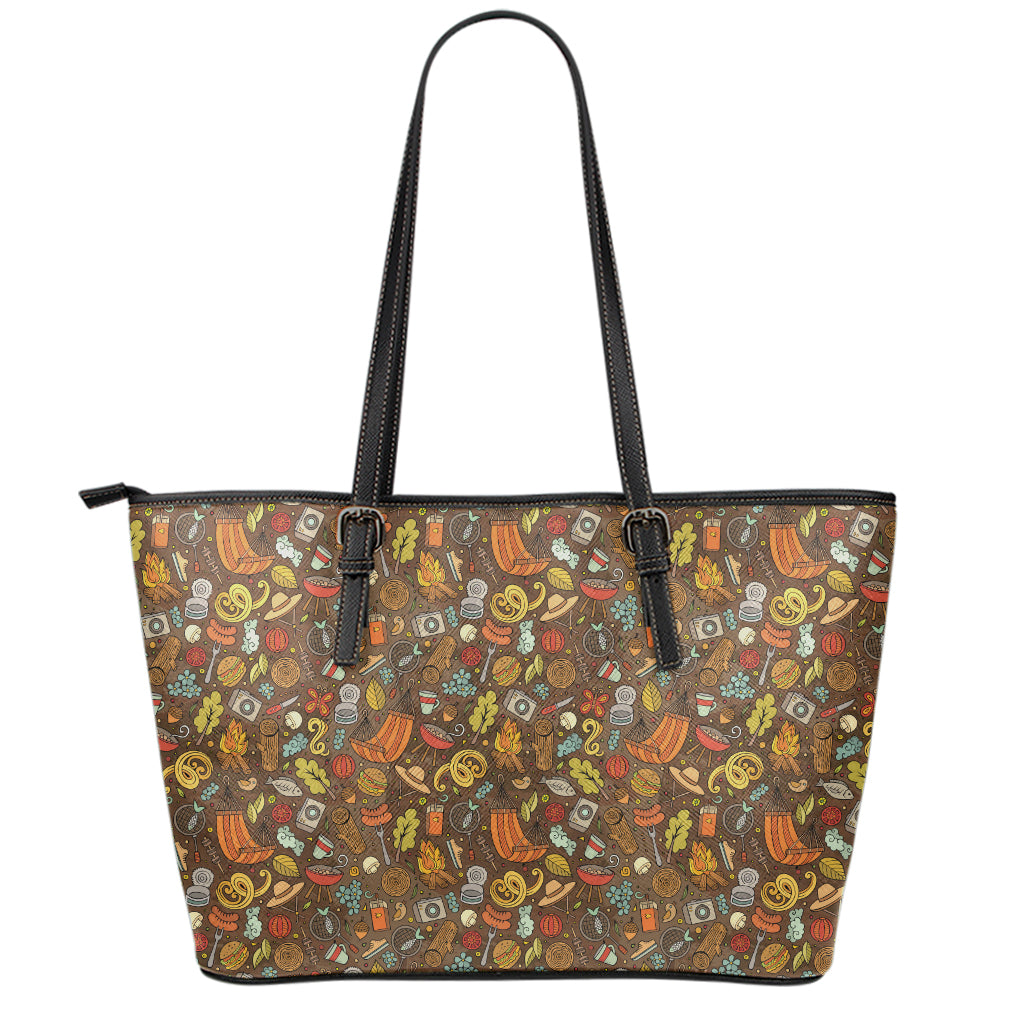 Cartoon Camping Pattern Print Leather Tote Bag