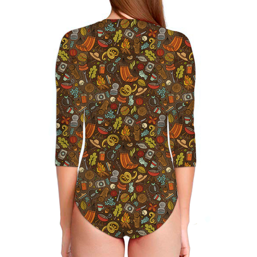 Cartoon Camping Pattern Print Long Sleeve Swimsuit