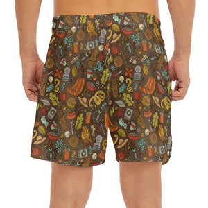 Cartoon Camping Pattern Print Men's Split Running Shorts