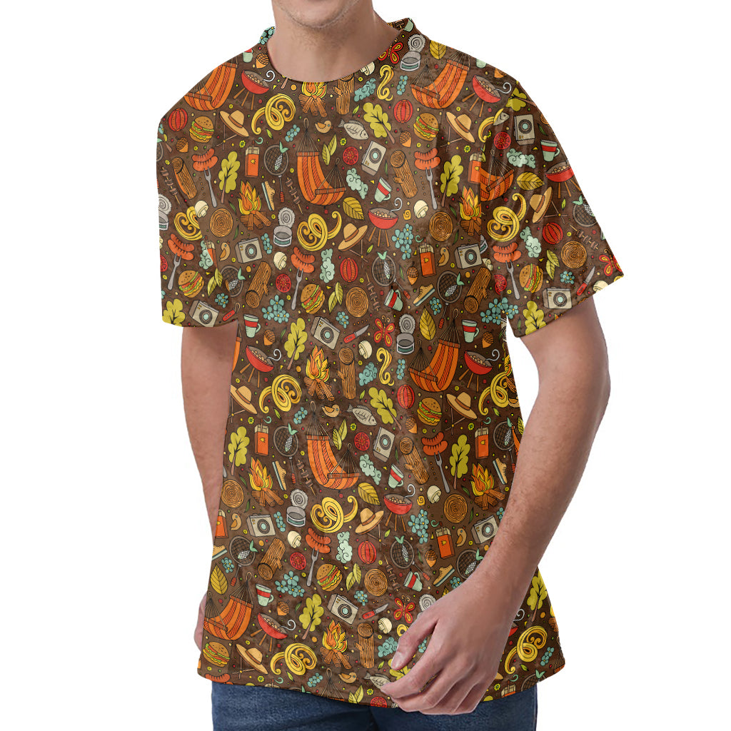 Cartoon Camping Pattern Print Men's Velvet T-Shirt