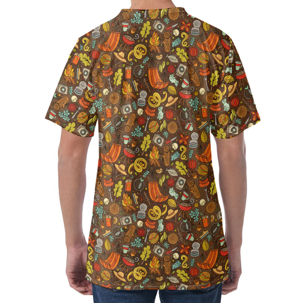 Cartoon Camping Pattern Print Men's Velvet T-Shirt