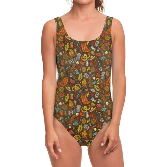 Cartoon Camping Pattern Print One Piece Swimsuit