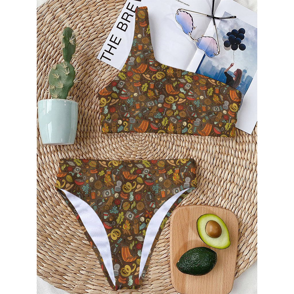 Cartoon Camping Pattern Print One Shoulder Bikini Top