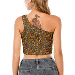 Cartoon Camping Pattern Print One Shoulder Crop Top