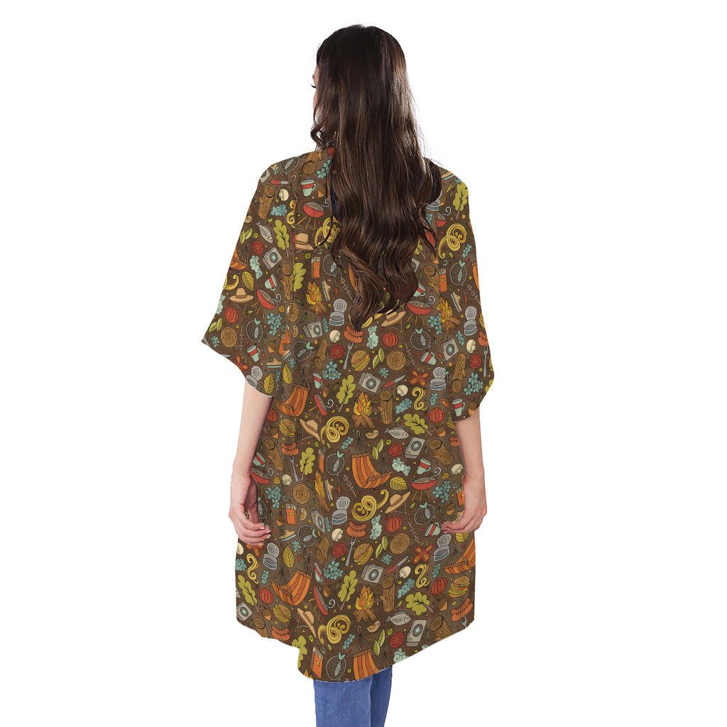 Cartoon Camping Pattern Print Open Front Beach Cover Up