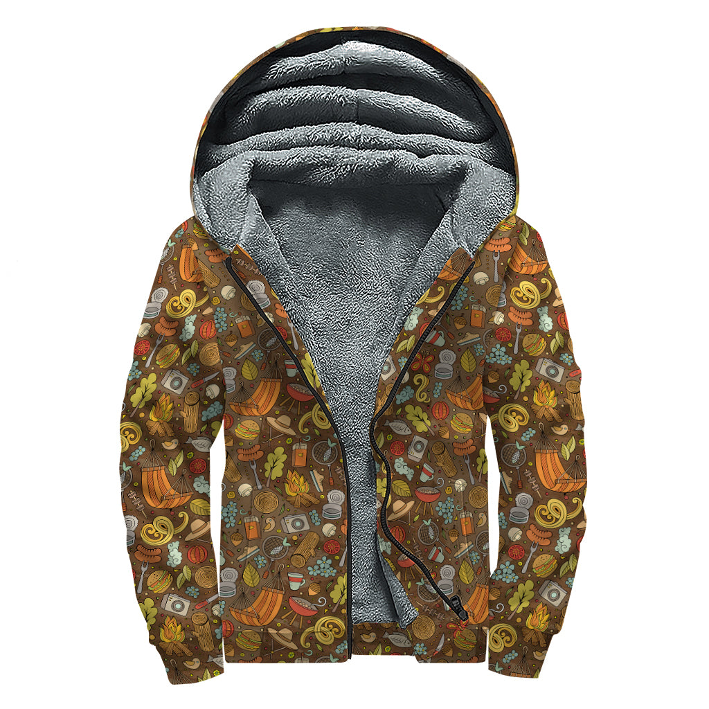 Cartoon Camping Pattern Print Sherpa Lined Zip Up Hoodie