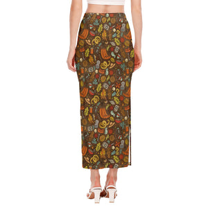 Cartoon Camping Pattern Print Side Slit Maxi Skirt