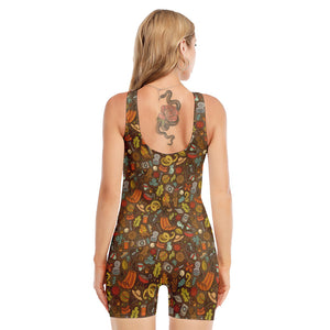 Cartoon Camping Pattern Print Sleeveless One Piece Swimsuit