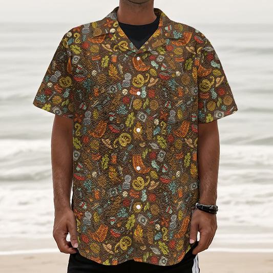 Cartoon Camping Pattern Print Textured Short Sleeve Shirt