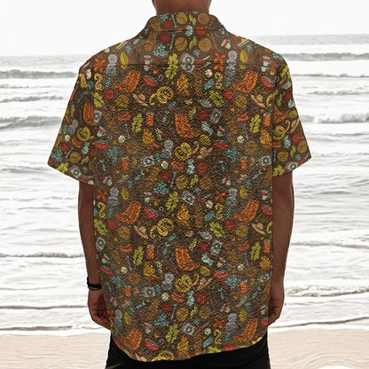 Cartoon Camping Pattern Print Textured Short Sleeve Shirt