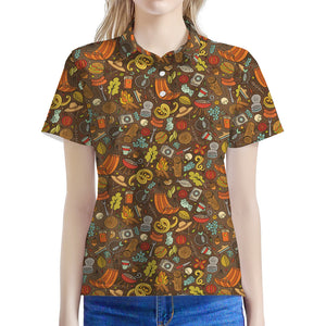 Cartoon Camping Pattern Print Women's Polo Shirt