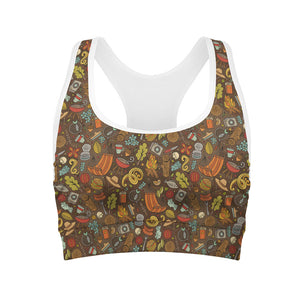 Cartoon Camping Pattern Print Women's Sports Bra