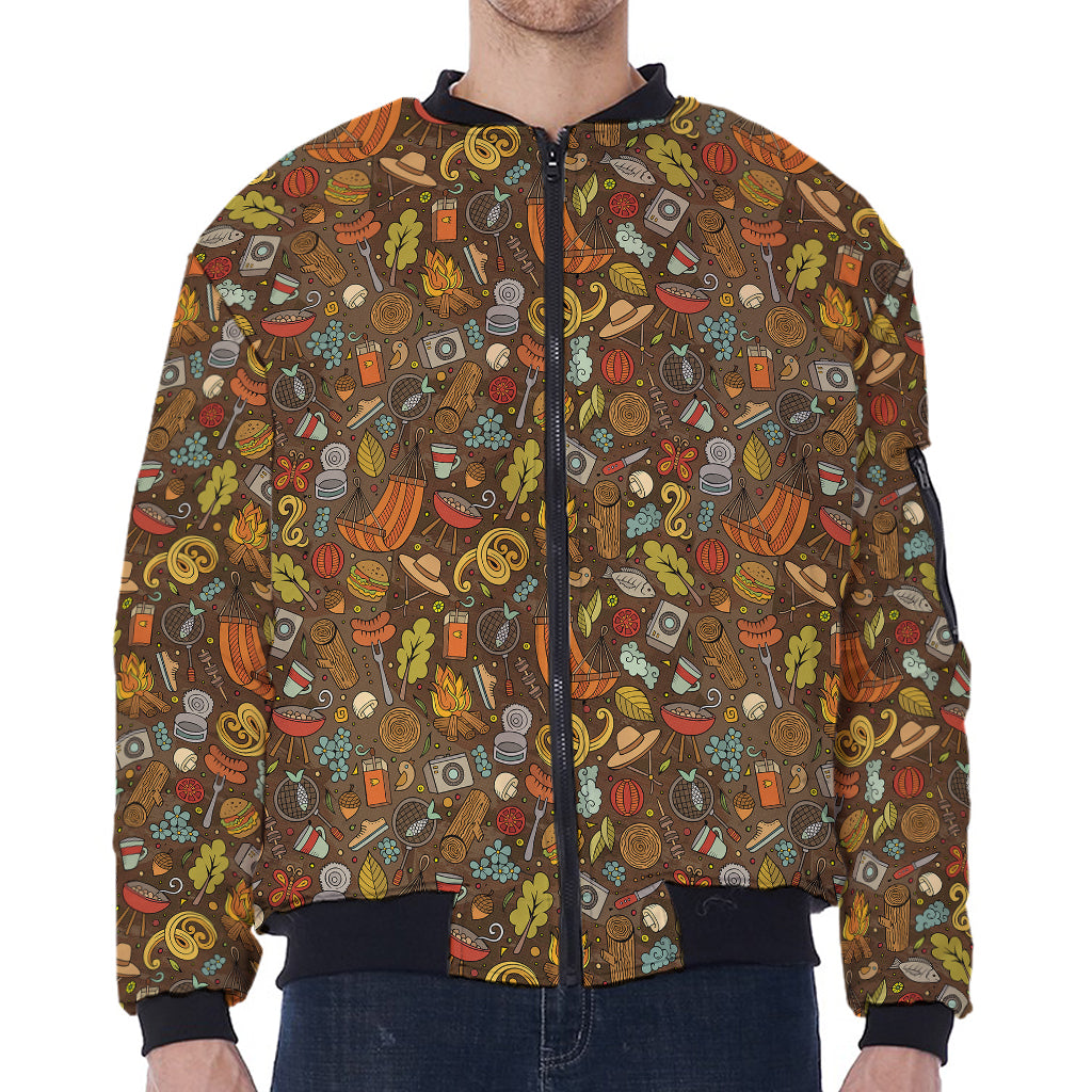 Cartoon Camping Pattern Print Zip Sleeve Bomber Jacket