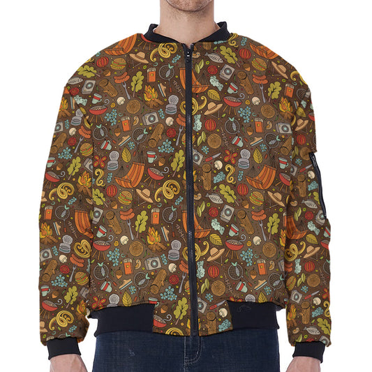 Cartoon Camping Pattern Print Zip Sleeve Bomber Jacket