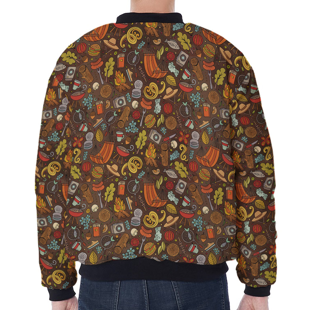 Cartoon Camping Pattern Print Zip Sleeve Bomber Jacket