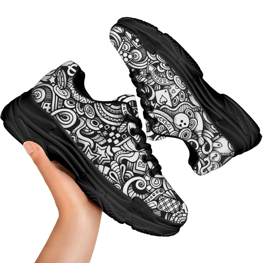 Cartoon Casino Card Pattern Print Black Chunky Shoes