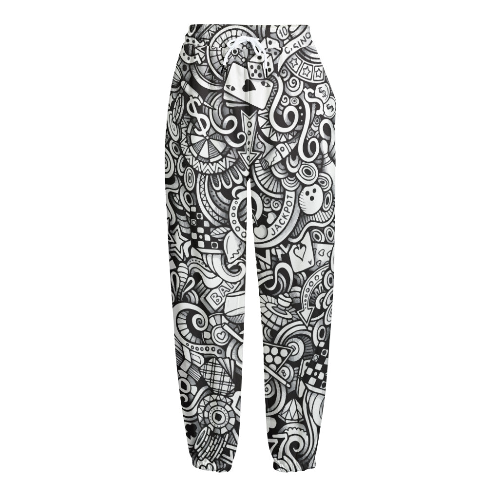 Cartoon Casino Card Pattern Print Fleece Lined Knit Pants