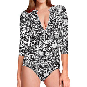 Cartoon Casino Card Pattern Print Long Sleeve Swimsuit