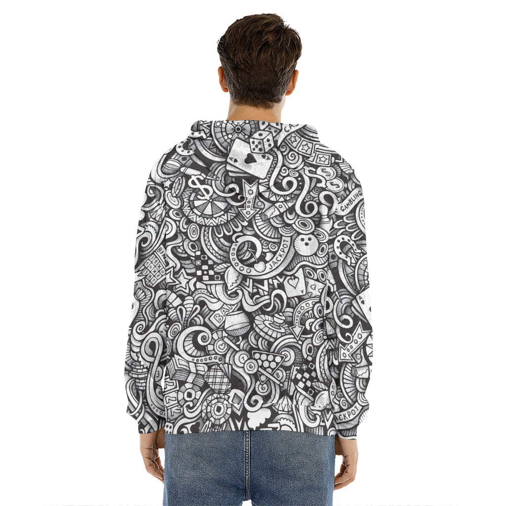Cartoon Casino Card Pattern Print Men's Velvet Pullover Hoodie